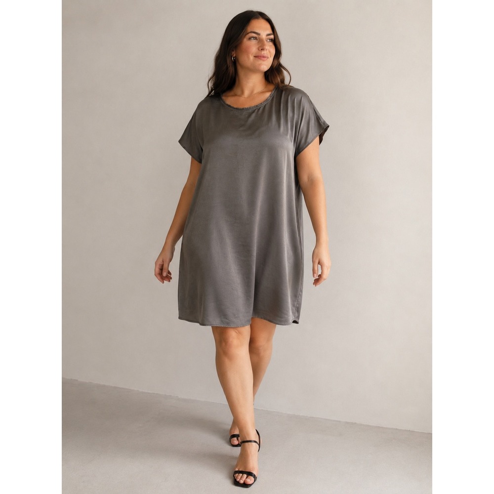 Melissa Nepton Kerra Grey Satin Shift Dress Short Sleeve Fringe Neckline Large